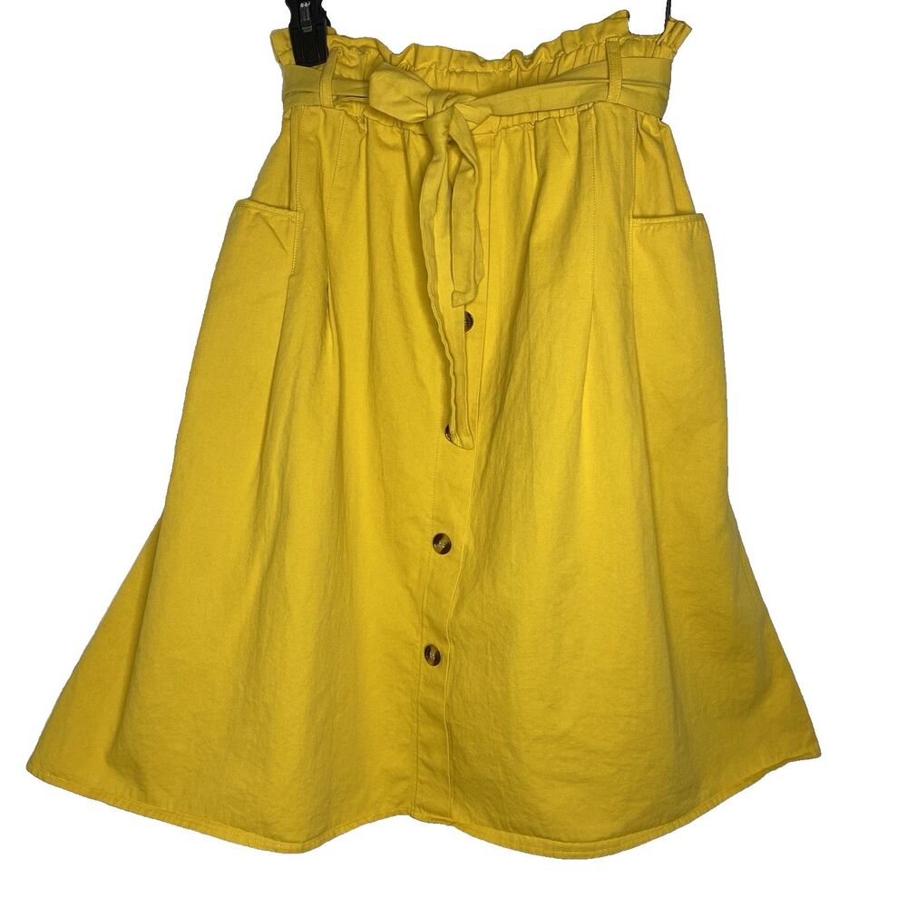 Sade & Love Skirt Womens M Knee-Length Button Paperbag Belted Pockets Yellow